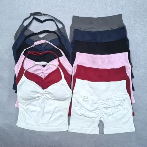 2 Pieces Seamless Yoga Set Workout Clothes Shorts Sets Adjustable Longline Strappy Top Scrunch Shorts Yoga Clothing Gym Set